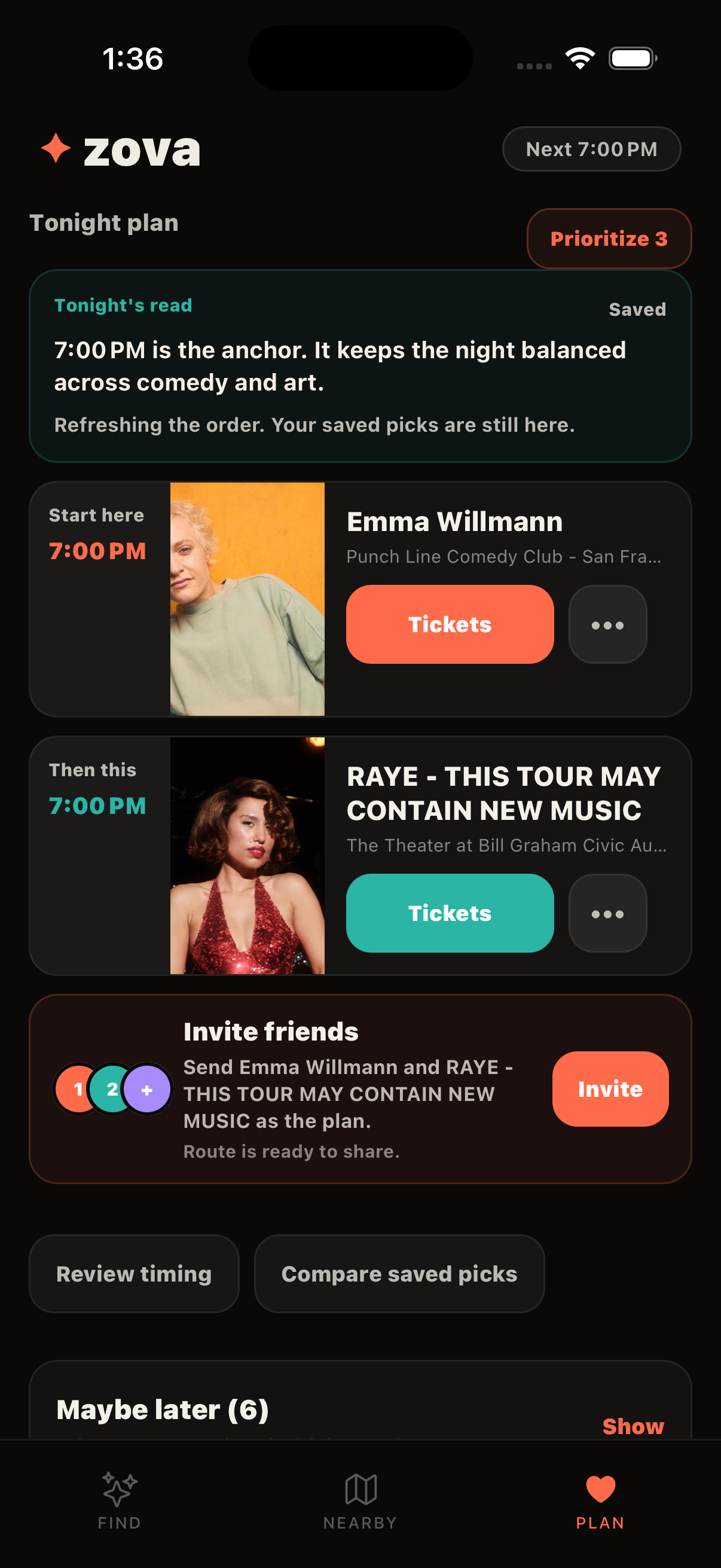 Zova app showing a plan for tonight